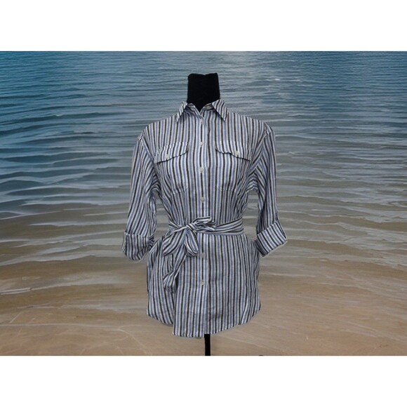 Lauren Ralph Lauren Women’s PS Striped BELTED‎ Linen Tunic Blouse Black Lable - Picture 7 of 8